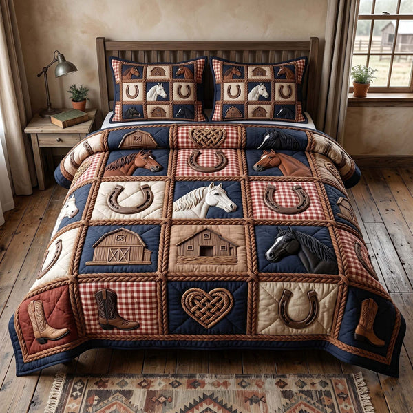 Prairie Horse quilted 3-piece bedding set on a made bed in a rustic timber bedroom