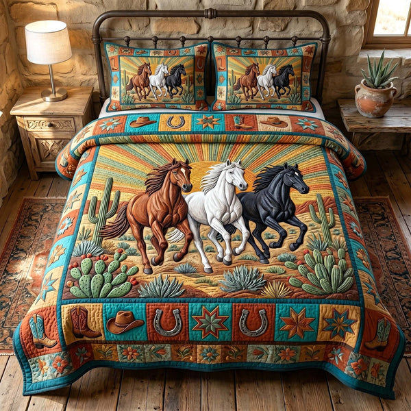 Prairie Horse quilted 3-piece bedding set on a made bed in a rustic timber bedroom
