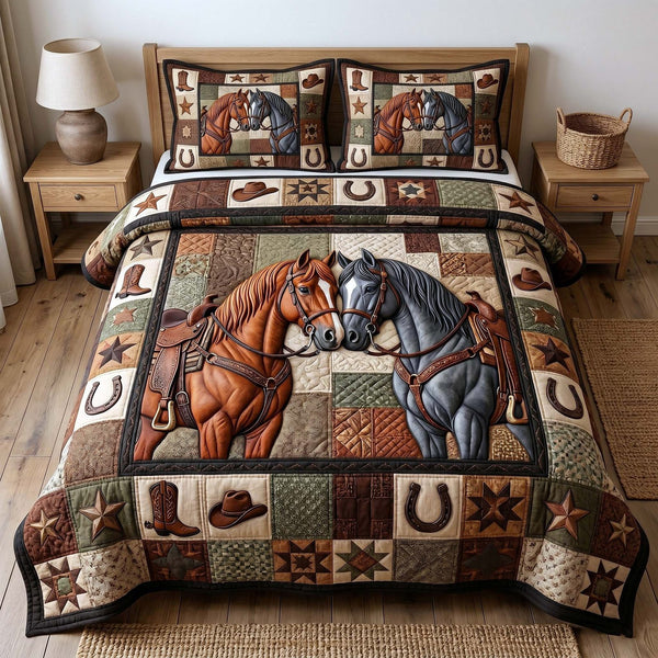 Prairie Horse quilted 3-piece bedding set on a made bed in a rustic timber bedroom