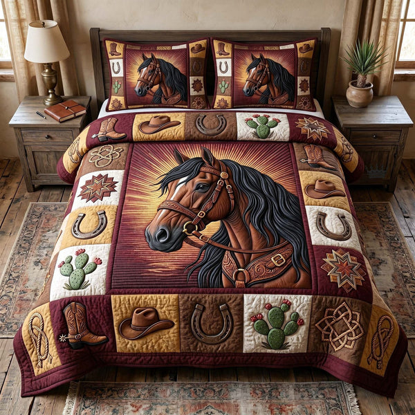 Prairie Horse quilted 3-piece bedding set on a made bed in a rustic timber bedroom