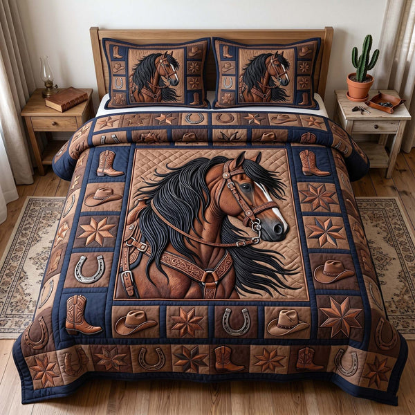 Prairie Horse quilted 3-piece bedding set on a made bed in a rustic timber bedroom