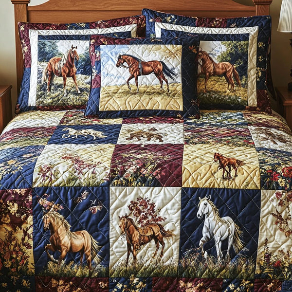 Prairie Horse quilted 3-piece bedding set on a made bed in a rustic timber bedroom
