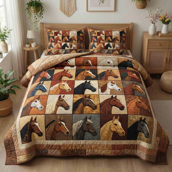 Prairie Horses quilted 3-piece bedding set on a made bed in a rustic timber bedroom