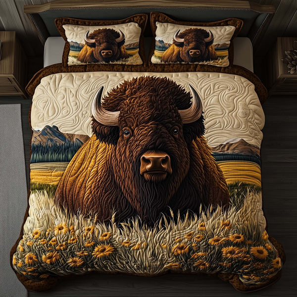 Prairie King quilted 3-piece bedding set on a made bed in a rustic timber bedroom