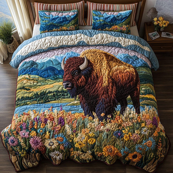 Prairie King quilted 3-piece bedding set on a made bed in a rustic timber bedroom