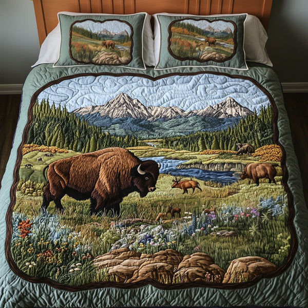 Prairie King quilted 3-piece bedding set on a made bed in a rustic timber bedroom