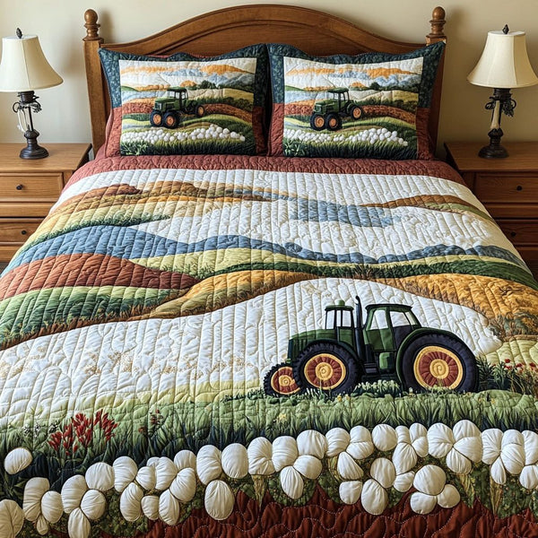 Prairie Life quilted 3-piece bedding set on a made bed in a rustic timber bedroom