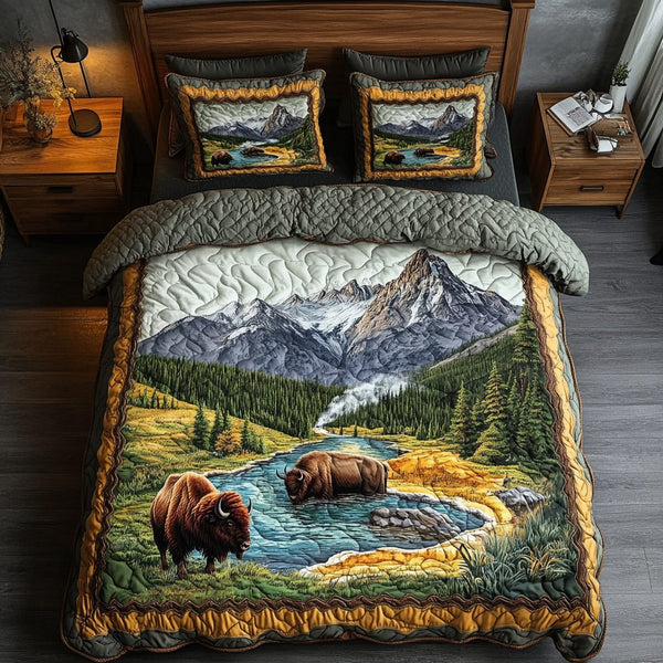 Prairie Majesty quilted 3-piece bedding set on a made bed in a rustic timber bedroom
