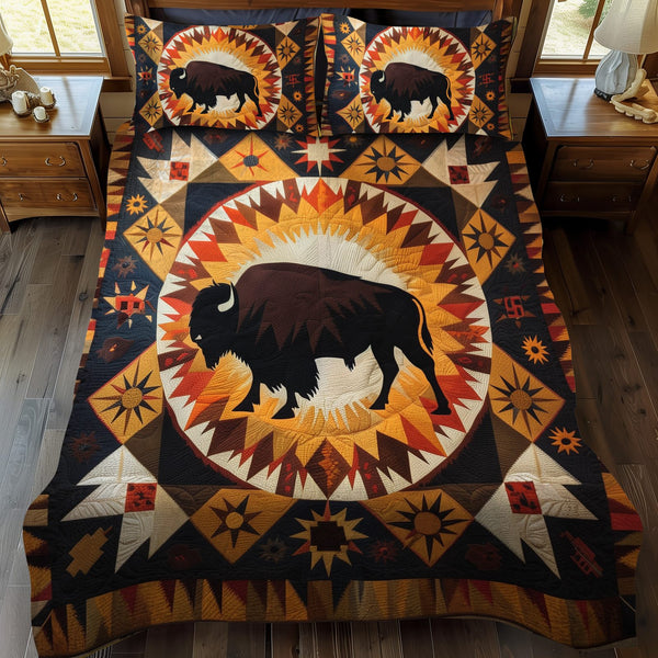 Prairie Monarch quilted 3-piece bedding set on a made bed in a rustic timber bedroom