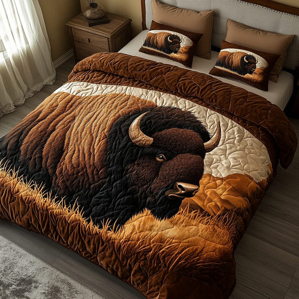 Prairie Nights quilted 3-piece bedding set on a made bed in a rustic timber bedroom