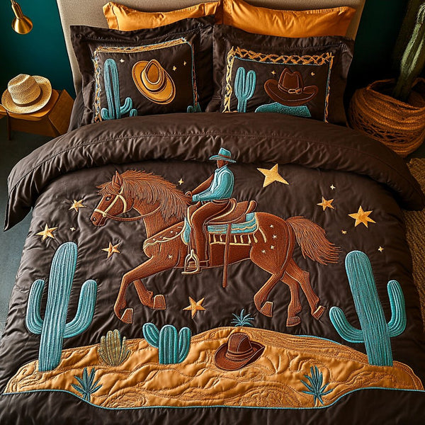 Prairie Nights quilted 3-piece bedding set on a made bed in a rustic timber bedroom