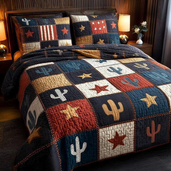 Prairie Patch quilted 3-piece bedding set on a made bed in a rustic timber bedroom