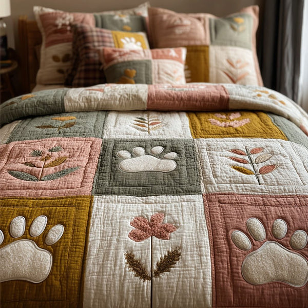Prairie Paws quilted 3-piece bedding set on a made bed in a rustic timber bedroom