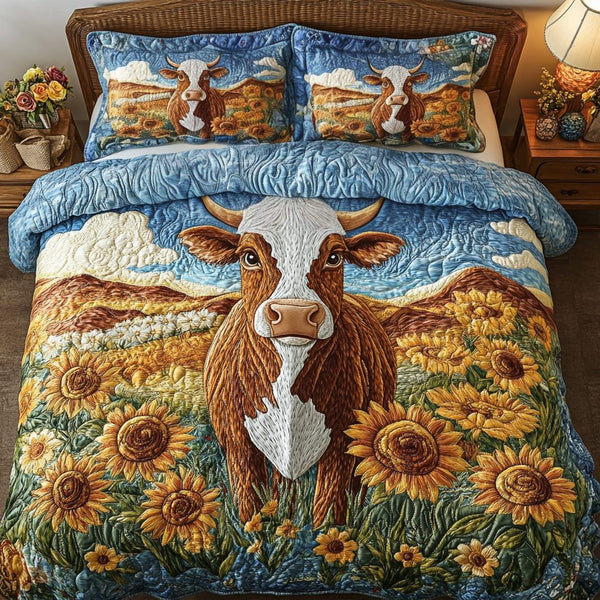 Prairie Peace quilted 3-piece bedding set on a made bed in a rustic timber bedroom