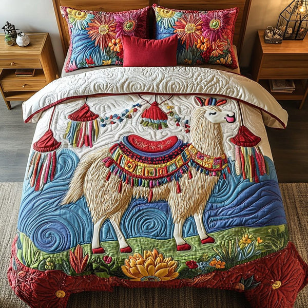 Prairie Peace quilted 3-piece bedding set on a made bed in a rustic timber bedroom