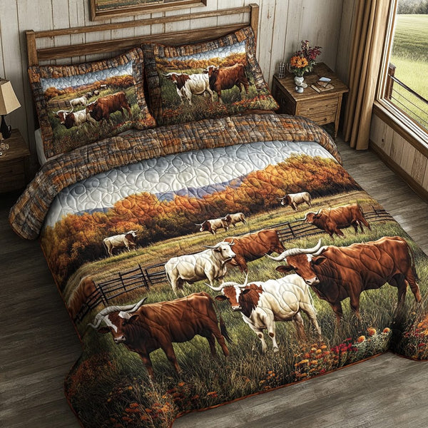 Prairie Pride quilted 3-piece bedding set on a made bed in a rustic timber bedroom