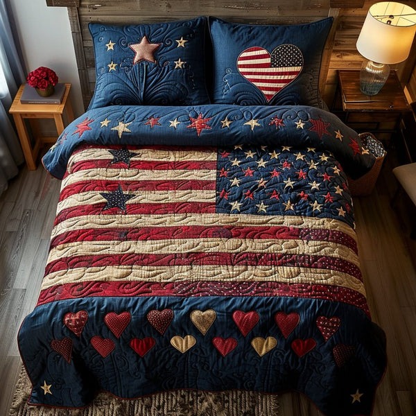 Prairie Pride quilted 3-piece bedding set on a made bed in a rustic timber bedroom