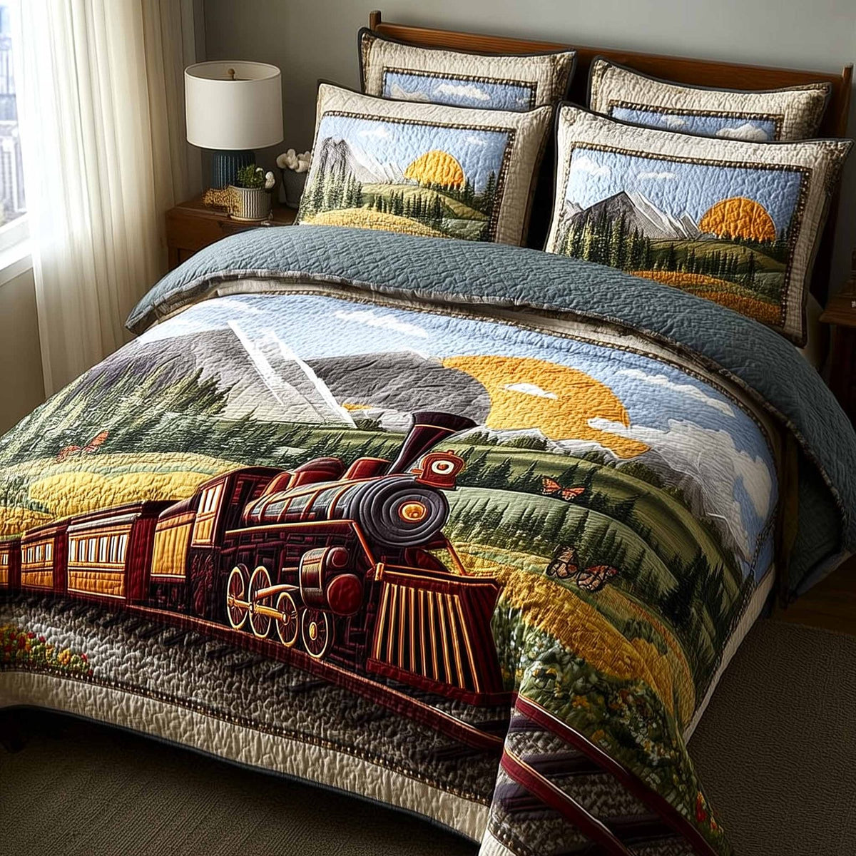 Prairie Ride quilted 3-piece bedding set on a made bed in a rustic timber bedroom