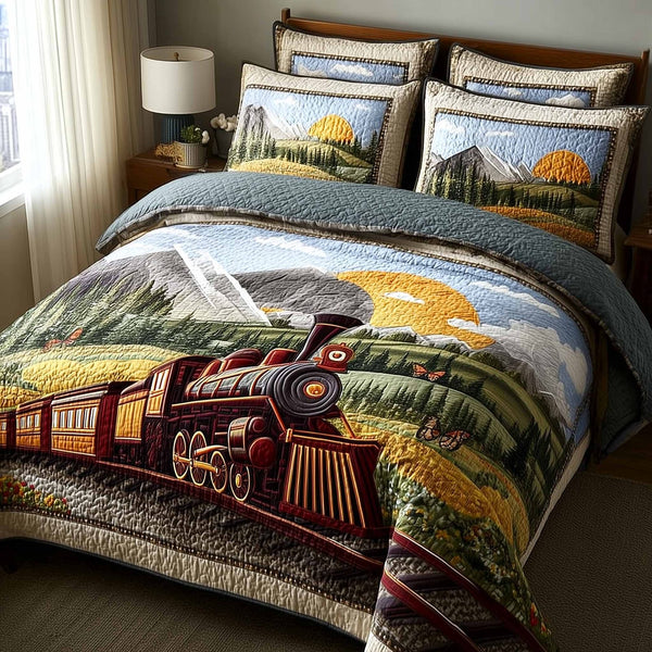 Prairie Ride quilted 3-piece bedding set on a made bed in a rustic timber bedroom