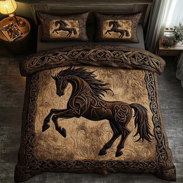 Prairie Rider quilted 3-piece bedding set on a made bed in a rustic timber bedroom