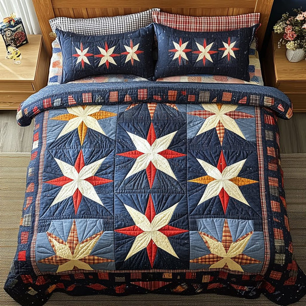 Prairie Sky quilted 3-piece bedding set on a made bed in a rustic timber bedroom