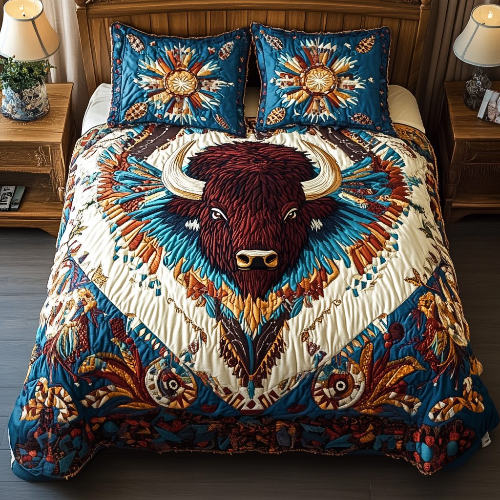 Prairie Soul quilted 3-piece bedding set on a made bed in a rustic timber bedroom