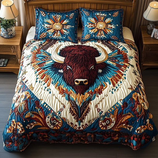 Prairie Soul quilted 3-piece bedding set on a made bed in a rustic timber bedroom
