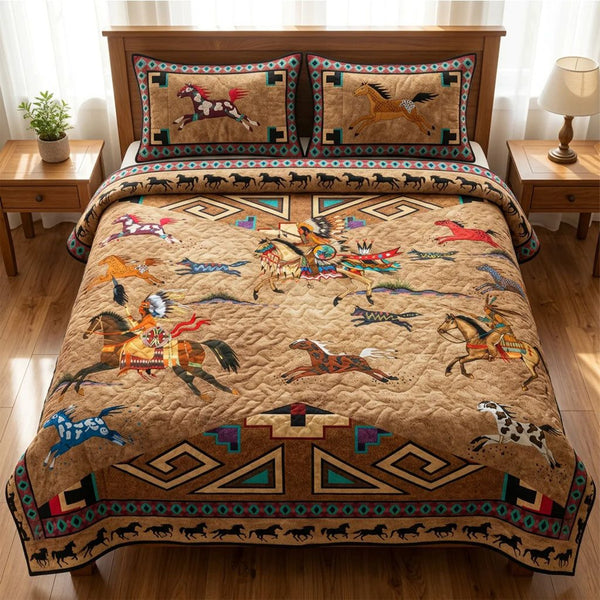 Prairie Soul Runner quilted 3-piece bedding set on a made bed in a rustic timber bedroom