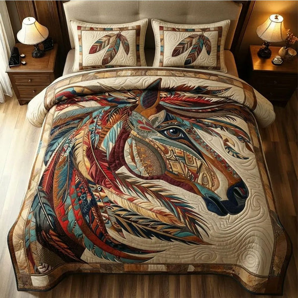 Prairie Soul Runner quilted 3-piece bedding set on a made bed in a rustic timber bedroom