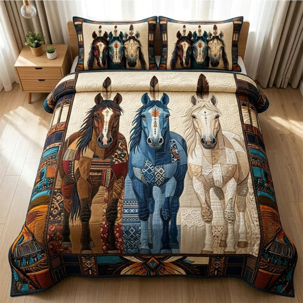 Prairie Soul Runner quilted 3-piece bedding set on a made bed in a rustic timber bedroom