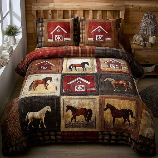 Prairie Spirit quilted 3-piece bedding set on a made bed in a rustic timber bedroom