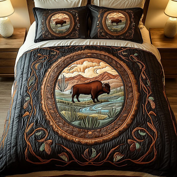 Prairie Spirit quilted 3-piece bedding set on a made bed in a rustic timber bedroom