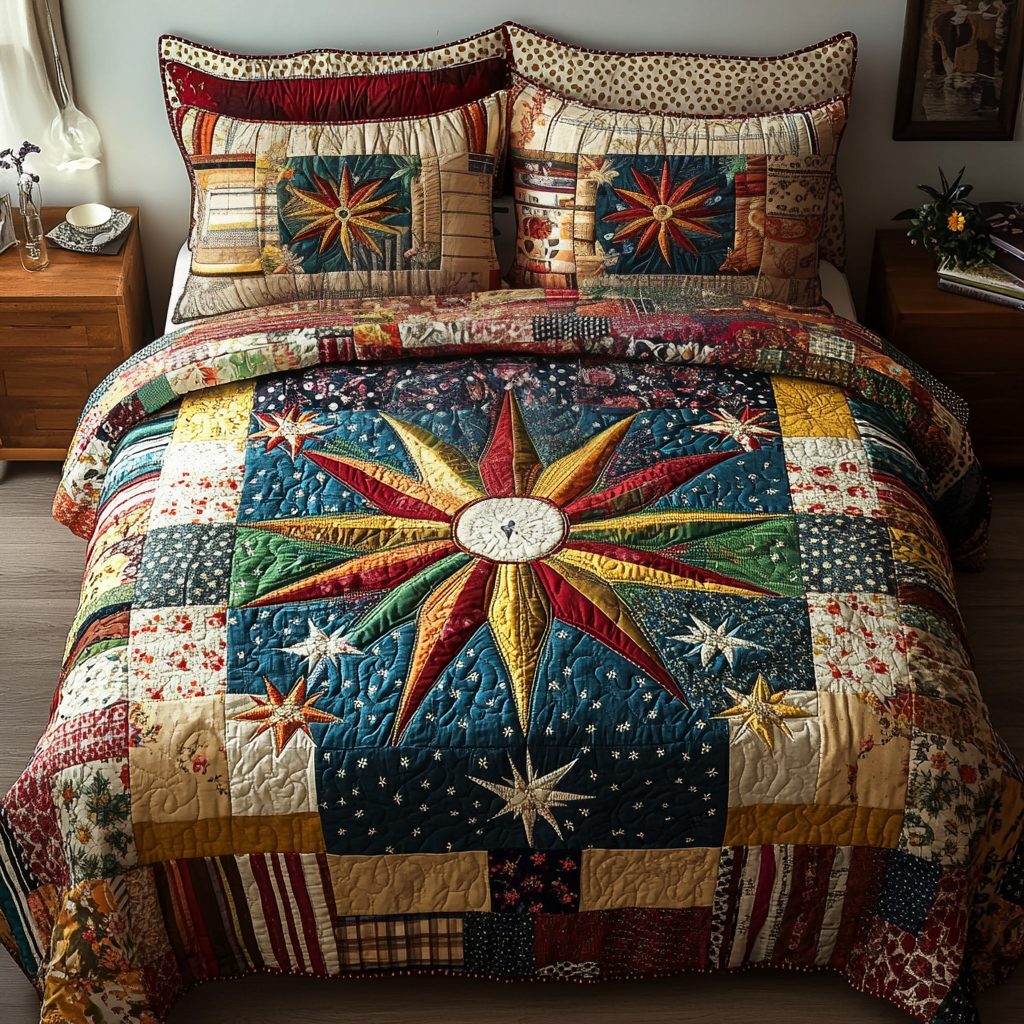 Prairie Star quilted 3-piece bedding set on a made bed in a rustic timber bedroom