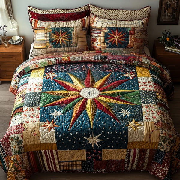Prairie Star quilted 3-piece bedding set on a made bed in a rustic timber bedroom