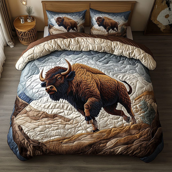 Prairie Strength quilted 3-piece bedding set on a made bed in a rustic timber bedroom