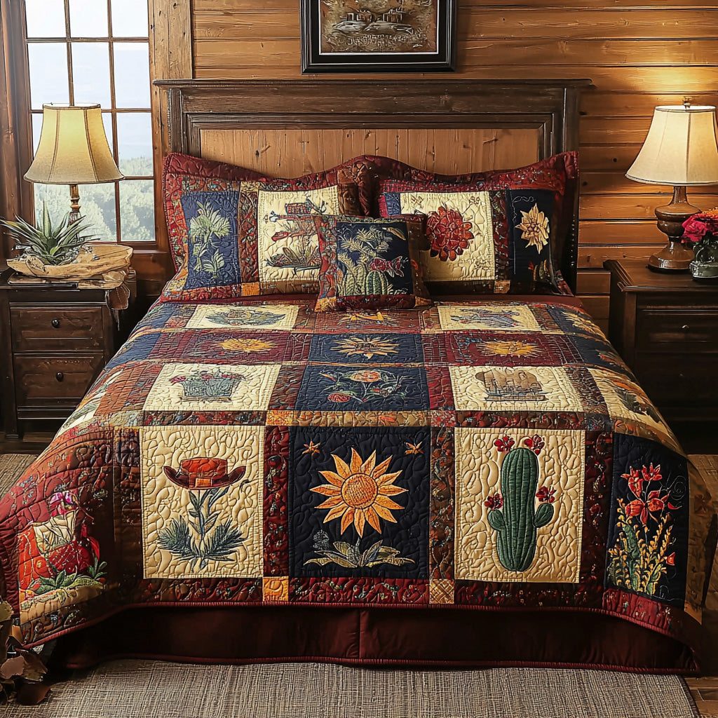 Prairie Sun quilted 3-piece bedding set on a made bed in a rustic timber bedroom