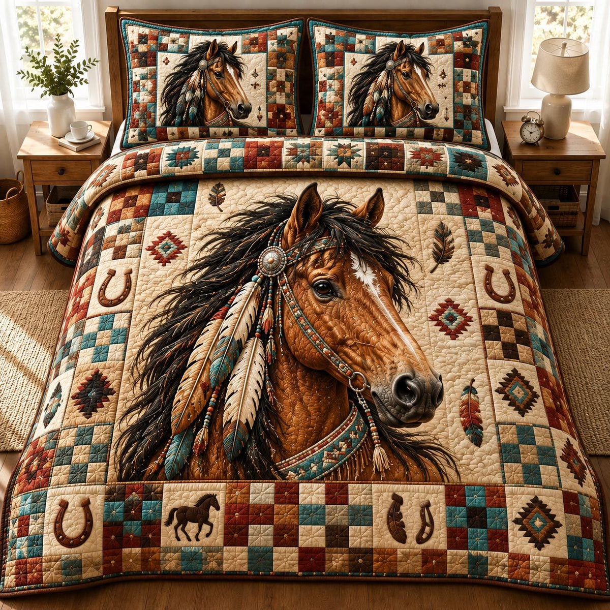 Prairie Warrior quilted 3-piece bedding set on a made bed in a rustic timber bedroom