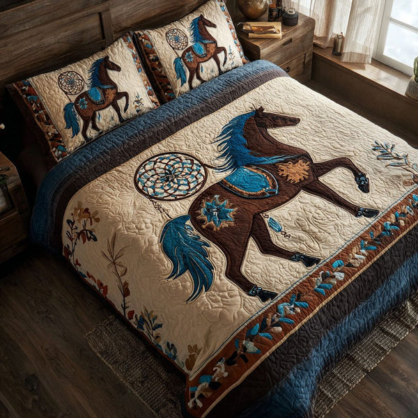 Prairie Wind quilted 3-piece bedding set on a made bed in a rustic timber bedroom