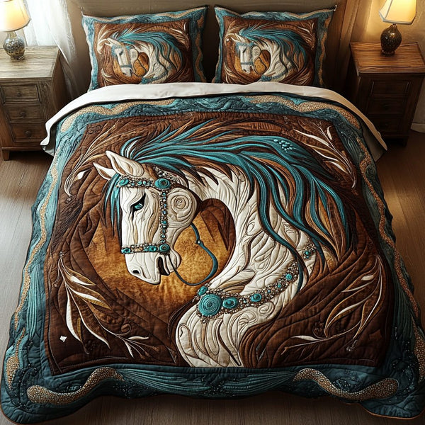 Prairie Wind quilted 3-piece bedding set on a made bed in a rustic timber bedroom