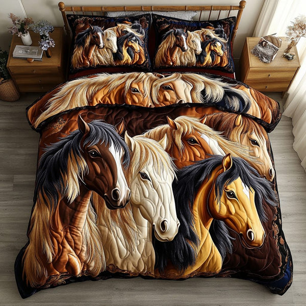 Prancing Meadows quilted 3-piece bedding set on a made bed with two matching pillow shams
