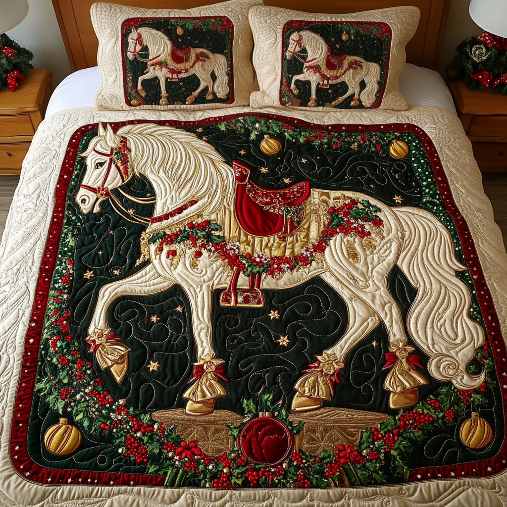 Prancing Noel quilted 3-piece bedding set on a made bed in a winter-styled bedroom