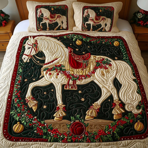 Prancing Noel quilted 3-piece bedding set on a made bed in a winter-styled bedroom