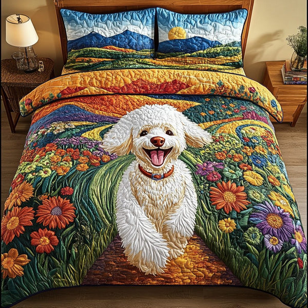 Prancing Poodle quilted 3-piece bedding set on a made bed with two matching pillow shams