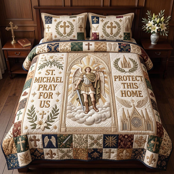 Pray For Us quilted 3-piece bedding set on a made bed in a softly lit bedroom