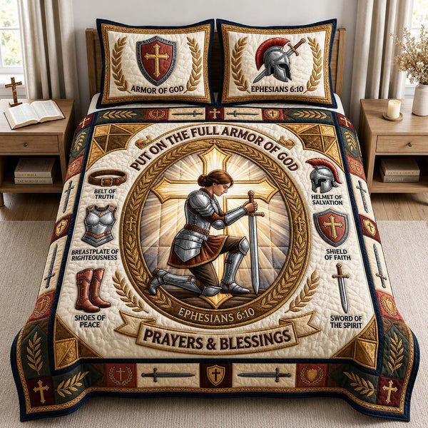 Prayer Armor Blessing quilted 3-piece bedding set on a made bed in a softly lit bedroom