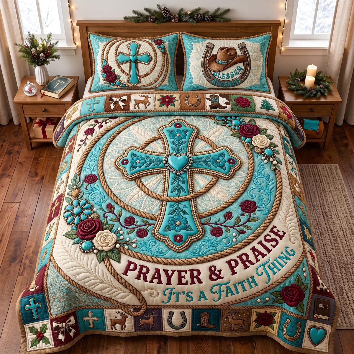 Prayer Praise Cross quilted 3-piece bedding set on a made bed in a softly lit bedroom