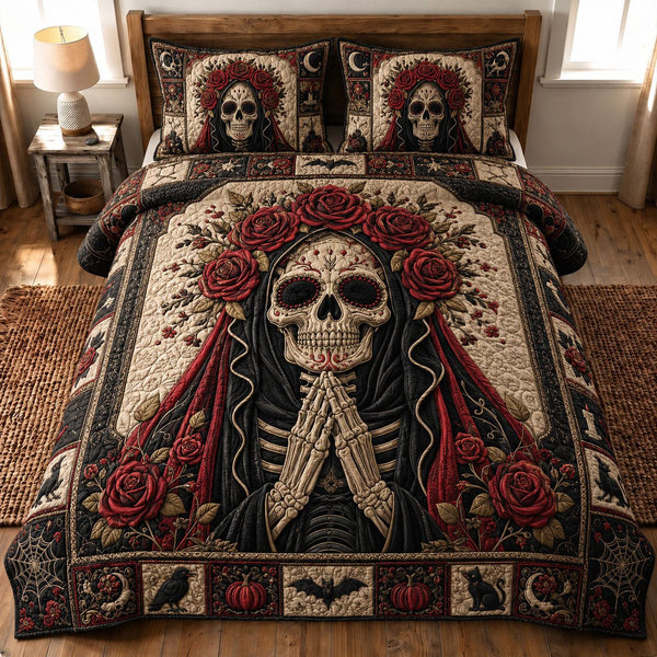 Prayerful Skeleton Rose Crown quilted 3-piece bedding set on a made bed against a dark styled interior