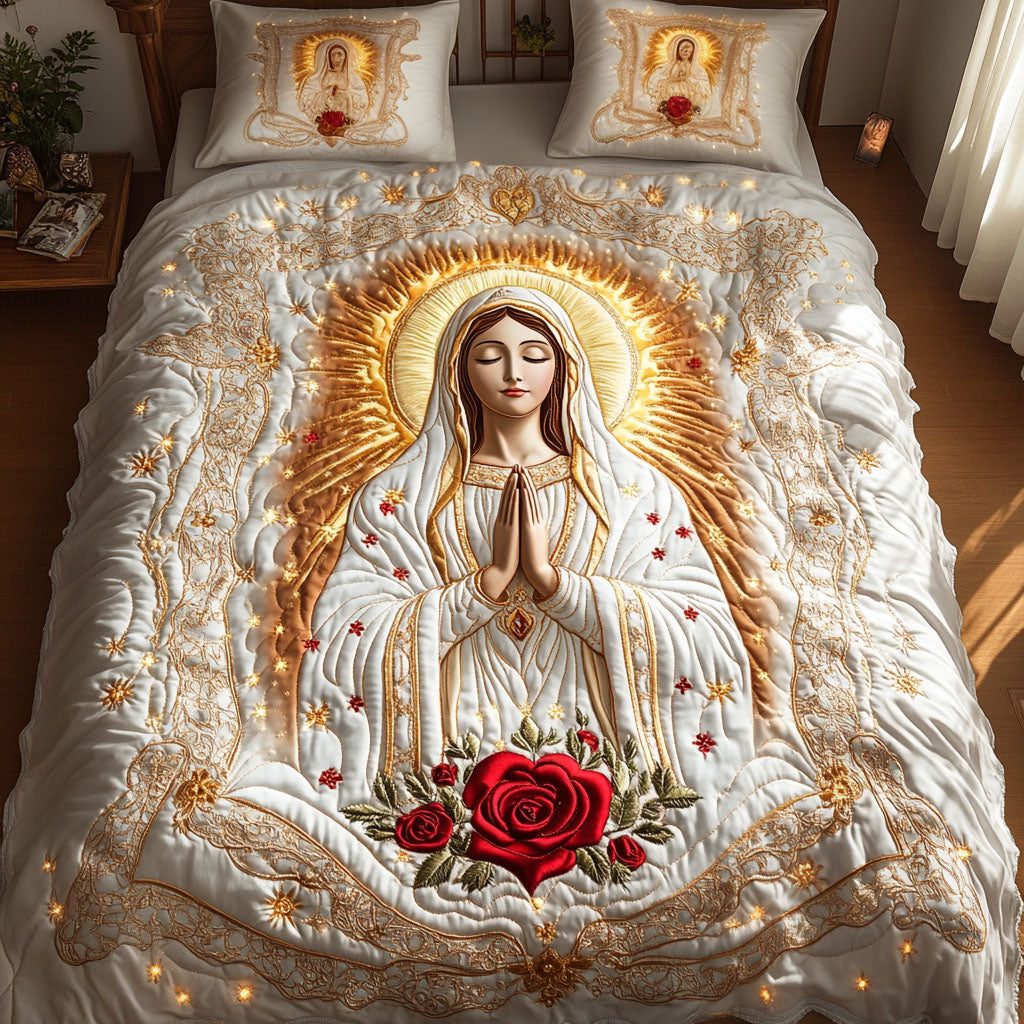 Prayers in Bloom quilted 3-piece bedding set on a made bed in a softly lit bedroom