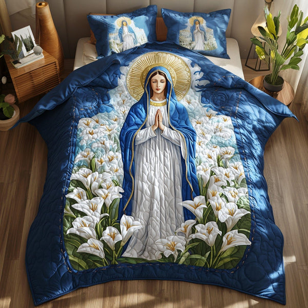 Prayers in Lily Garden quilted 3-piece bedding set on a made bed in a softly lit bedroom