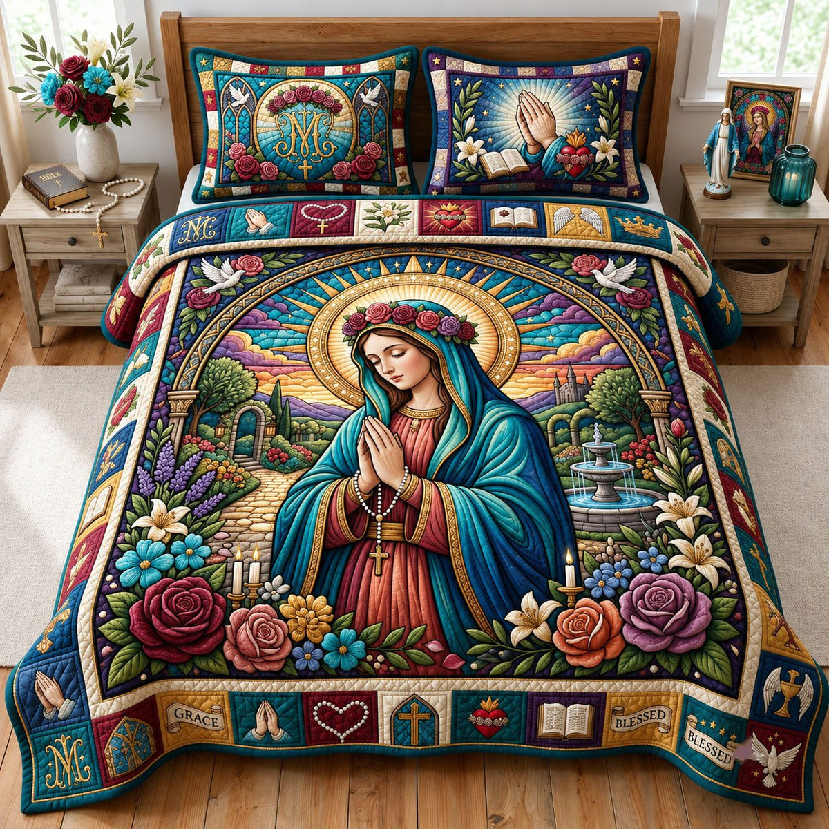 Praying Virgin Mary quilted 3-piece bedding set on a made bed in a softly lit bedroom